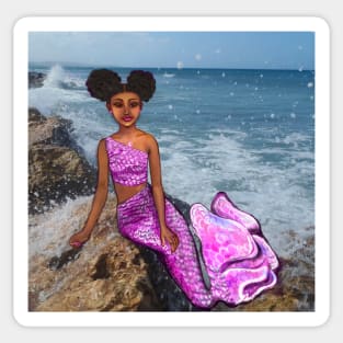 Coco the Magical rainbow mermaid with brown eyes, Afro hair in two puffs and caramel brown skin Sticker